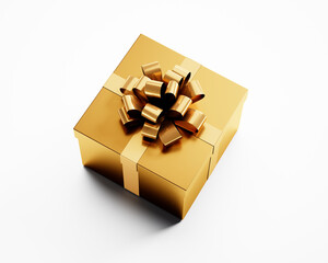 Golden gift box with golden ribbon isolated on white background - 3D illustration	
