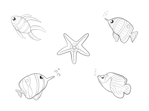 Collection of  doodle drawn fish animal icon cartoon abstract background art design vector illustration