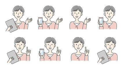 手描き風・スマートフォンやタブレットを持って案内をする女性のベクターイラストセット