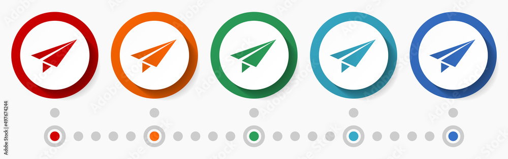 Poster Plane, airplane concept vector icon set, infographic template, flat design colorful web buttons in 5 color options