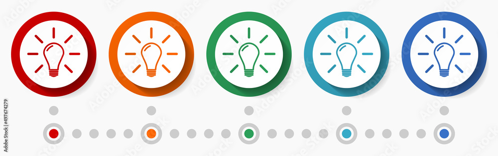 Poster bulb, lightbulb, idea concept vector icon set, infographic template, flat design colorful web button