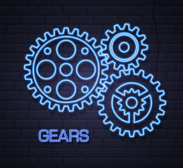 Group of neon gears on dark brick background. Neon Cog icon design. Vector illustration