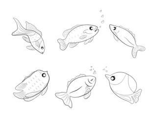 Group of outline doodle fish sea icon cartoon abstract background art design vector illustration