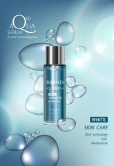 Aqua skin care cosmetic ad promoting poster template. Underwater  blue sunlight ray bubble vector and deep sea realistic background 3d illustration.