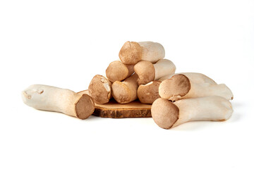 Large piles of eringi mushrooms (Pleurotus eryngii ) stacked isolated on a white background.