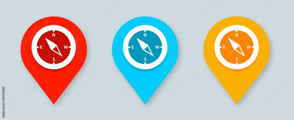 Poster compass symbol on pin location icon set. discovery compass or navigational compass icon for apps and