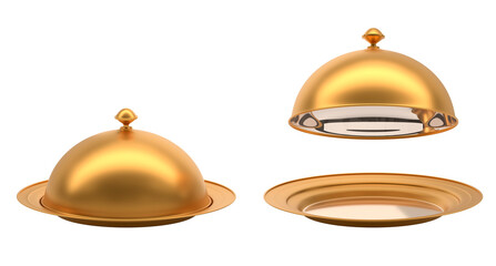 3D Gold tray with open and closed cloche. Realistic set of golden plates with dome lids, mockup empty dishes for serving hot food in restaurant, isolated on white background, 3D render illustration