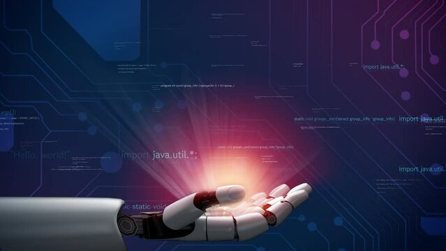 Futuristic robot artificial intelligence revolutionary AI technology development and machine learning concept. Global robotic bionic science research for future of human life. 3D rendering graphic.