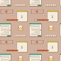 Old computer aesthetic seamless pattern. 1980s 1990s nostalgia background with retro screen panel with user interface elements. Chat window with buttons, dialog box and mail icon. Vector illustration.