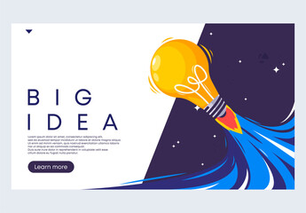 Vector illustration of the concept of a big idea, the start page of a website is a big idea, a light bulb flies in the form of a rocket