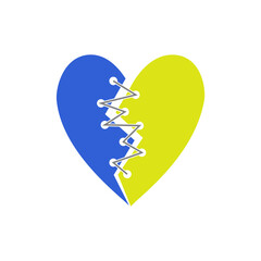 Blue yellow stitched heart shape. Ukrainian flag