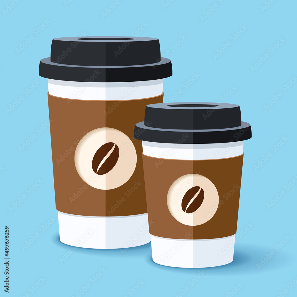 Poster coffee cups in 3d flat style on color background. drink to go. simple object. vector design element 