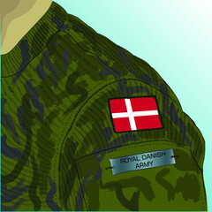 Flag of Denmark on soldier arm. Royal Danish Army.
