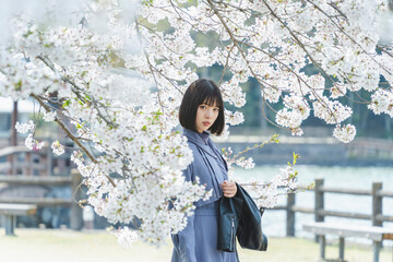 桜満開の中を散策する女性