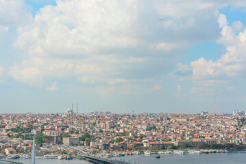 Fototapeta premium View of Istanbul on a sunny summer day with a bright blue sky with white clouds and a flying plane. Travel concept