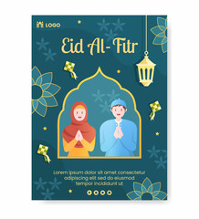 Happy Eid Al-Fitr Mubarak Poster Template Flat Design Illustration Editable of Square Background for Social Media, Poster or Greeting Card