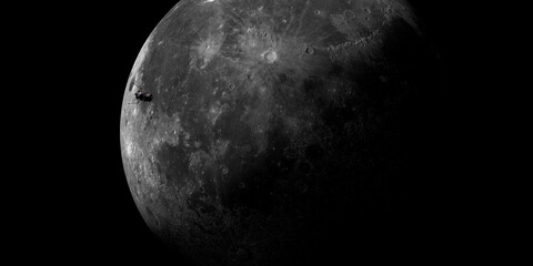 Spaceship overflying moon surface. Mare Crisium