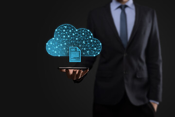Cloud technology. Polygonal wireframe cloud storage sign with document icon on dark blue. Cloud...