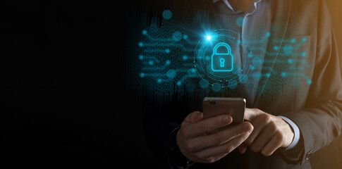 Cyber security network. Padlock icon and internet technology networking. Businessman protecting data personal information on tablet and virtual interface. Data protection privacy concept. GDPR. EU