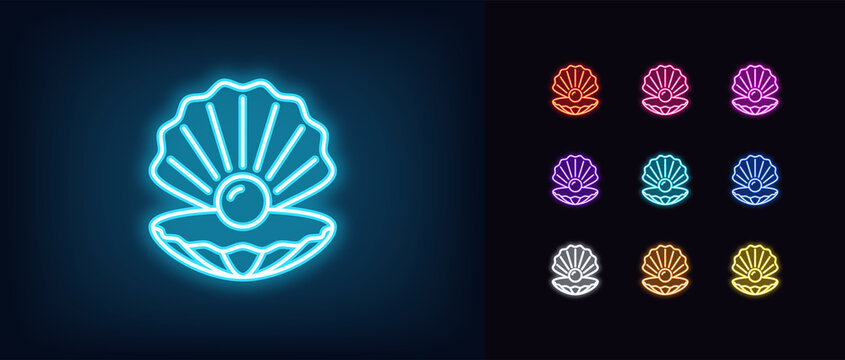 Outline neon shell icon. Glowing neon pearl with open shell silhouette, seashell pictogram. Luxury pearl