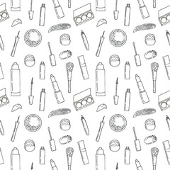 Decorative makeup cosmetics seamless pattern vector illustration, hand drawing doodles