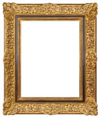Old rectangular vintage wooden golden frame, isolated on white background