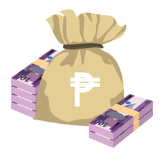 Philippine Peso Vector Illustration. Philippines money set bundle banknotes. Money bag 100 PHP. Flat style. Isolated on white background. Simple minimal design. - obrazy, fototapety, plakaty
