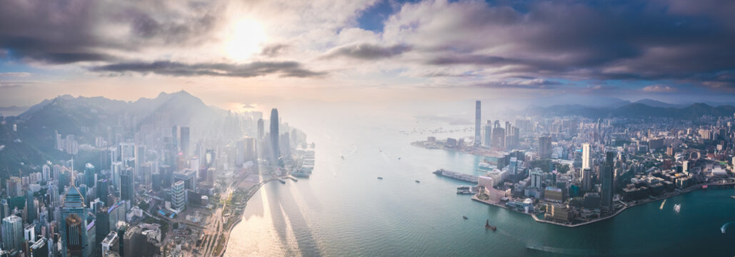 Epic sunset of the Victoria Harbour, Wai Chai and Central of Hong Kong