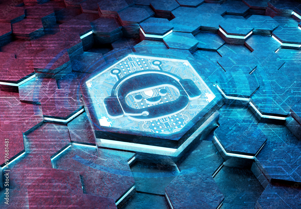 Aufkleber Chatbot icon concept engraved on metal hexagonal pedestral background. Chat bot assistance logo glowing on abstract digital surface. 3d rendering