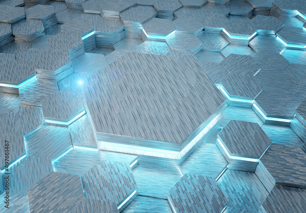 Poster Glowing white and blue hexagons podium background pattern. Hexagonal metal surface with lights and reflections. 3D rendering