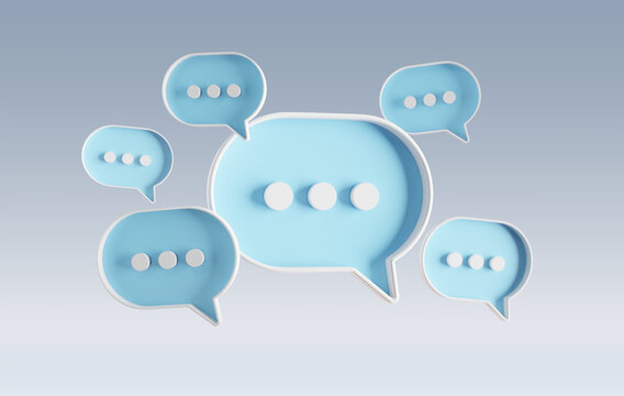 Minimalist blue and white speech bubbles talk icons floating over grey background. Modern conversation or social media messages with shadow. 3D rendering