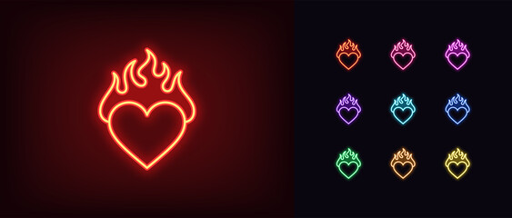 Outline neon burning heart icon. Glowing neon heart with fire, blazing love pictogram. Hot passion - obrazy, fototapety, plakaty
