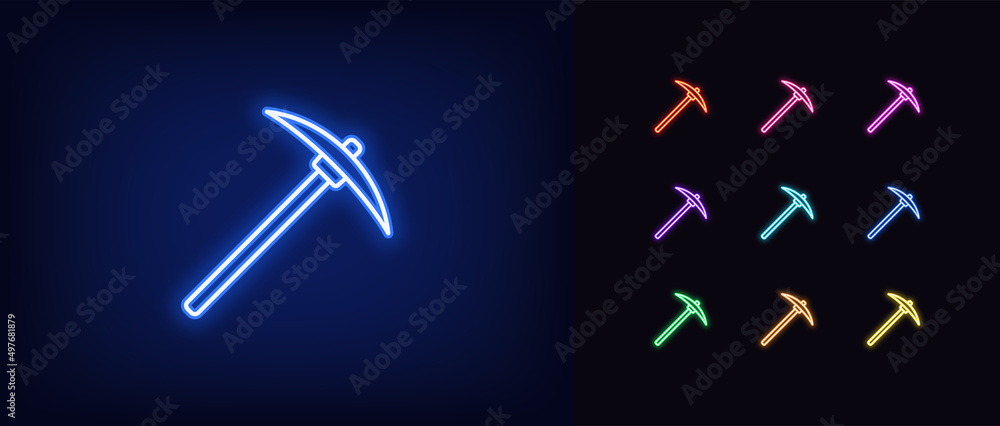 Wall mural Outline neon pickaxe icon. Glowing neon pickaxe silhouette, crypto mining pictogram