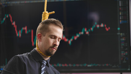 Financial bankrupt stock trader hanging suicide