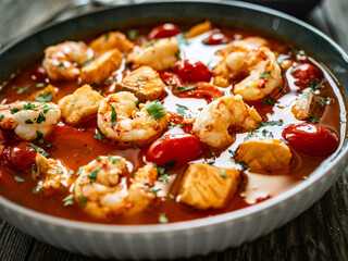 Fish soup with prawns on wooden table