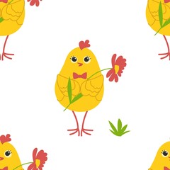 Cute yellow chicks in different poses seamless pattern, birds and flowers, butterflies. Vector illustration.