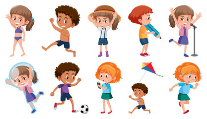 Set of children doing different activities on white background