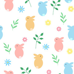 Easter simple seamless pattern with bunny, flowers and leaves isolated on white background. Vector illustration for banners, posters, social media stories, greeting cards and cover design templates.