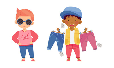 Cute little girl and boy in fashionable outfit choosing and buying clothes set cartoon vector illustration