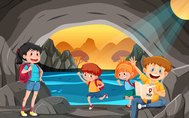 Children exploring nature cave