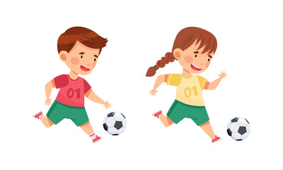 Kids playing soccer. Cute little girl and boy running with ball cartoon vector illustration