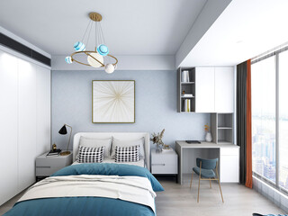 3D rendering, elegant and modern bedroom design, big bed with overcoat cabinet, coffee table, TV, carpet, etc., very comfortable and leisure.