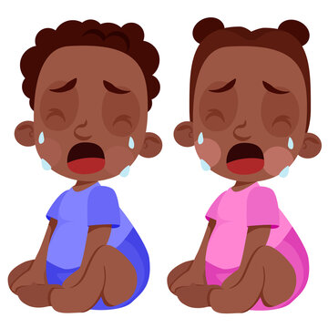 Two dark-skinned babies, a boy and a girl, are crying