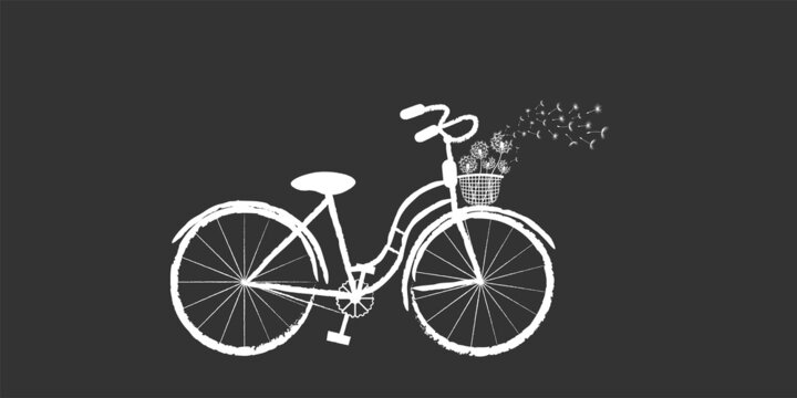 White bicycle with dandelion and flying seeds on black background. Vector illustration for banners, baby, cards, flyers, prints, social media, spring, summer, sales and more.
