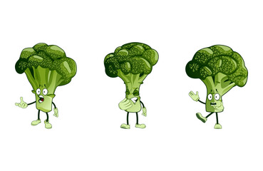 Broccoli cartoon characters with multiple facial expressions, isolated background vector illustration.