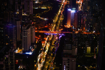 Night view of city road and overpass in Nanning, Guangxi, China