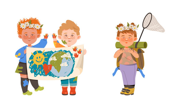 Cute kids helping save the world set. Nature and ecology protection concept cartoon vector illustration