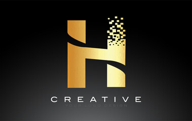 H Initial Letter Logo Design with Digital Pixels in Golden Colors.