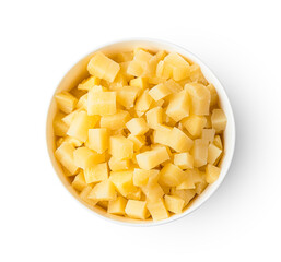 Boiled potatoes, diced in a bowl isolated on a white background.