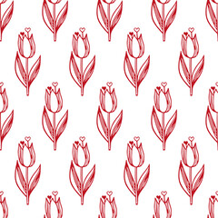 Seamless vector pattern of red tulips with hearts on the leaves. Floral pattern. Hand-drawn cartoon vector illustrations of tulips in doodle style. Isolated. For fabric, printing, packaging, cards.